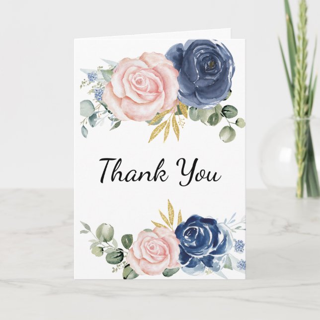 Navy blue blush pink floral photo thank you card (Front)