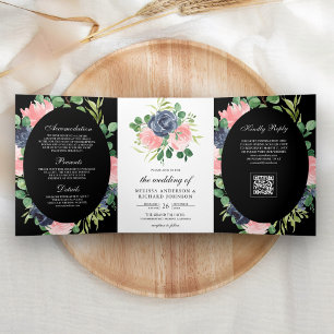 Navy Blue Blush Pink Floral QR Code Black Wedding Tri-Fold Invitation