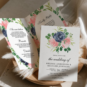 Navy Blue Blush Pink Floral QR Code Wedding Invitation