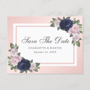 Navy Blue Blush Pink Floral Save The Date Announcement Postcard