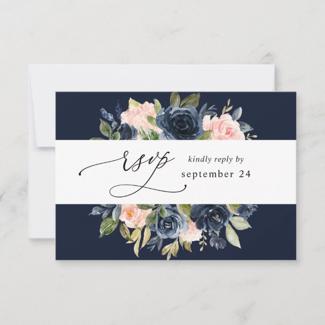 Navy Blue & Blush Pink Floral w Meal RSVP - Navy (Front)