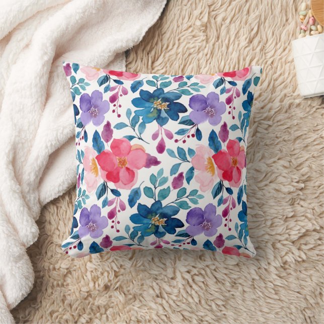 Navy Blue Blush Pink Floral Watercolor Pattern Cushion (Blanket)