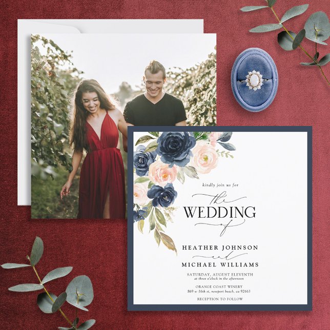 Navy Blue Blush Pink Floral Watercolor Photo Invitation (Creator Uploaded)