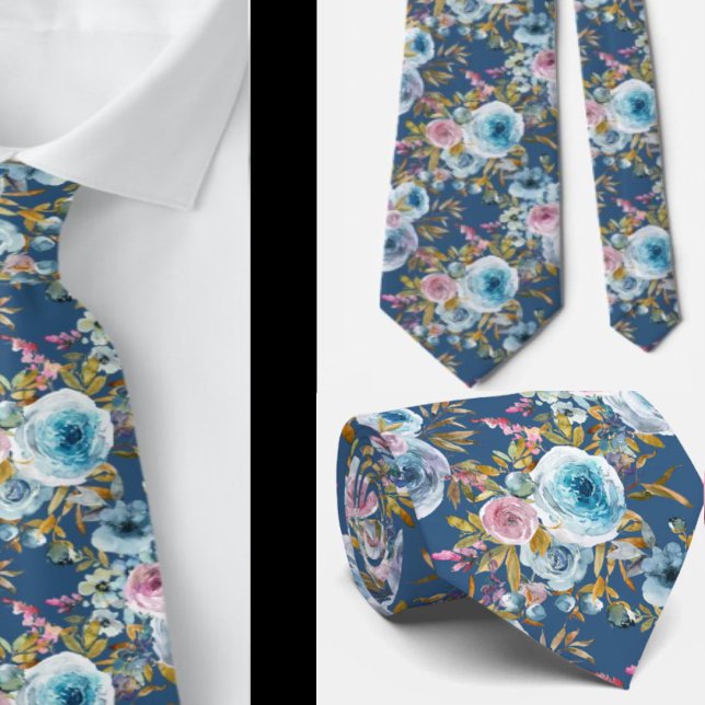 Navy Blue Blush Pink Floral Watercolor Roses Tie (Creator Uploaded)