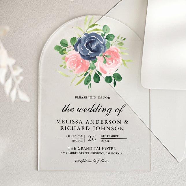 Navy Blue Blush Pink Floral Wedding Acrylic Invitations (Creator Uploaded)