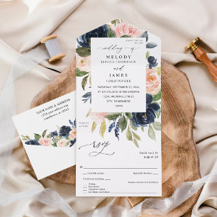 Navy Blue & Blush Pink Floral Wedding All In One Invitation
