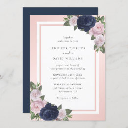 Navy Blue Blush Pink Floral Wedding Invitation