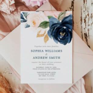Navy Blue & Blush Pink Floral Wedding Invitation