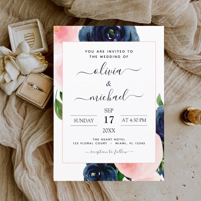 Navy Blue Blush Pink Floral Wedding Invitation (Creator Uploaded)