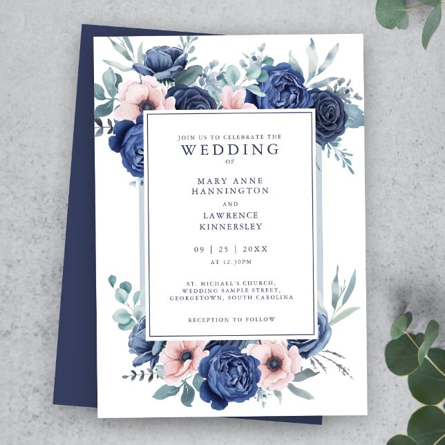 Navy Blue Blush Pink Floral Wedding Invitation (Creator Uploaded)