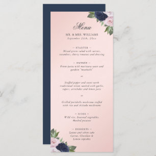 Navy Blue Blush Pink Floral Wedding Menu