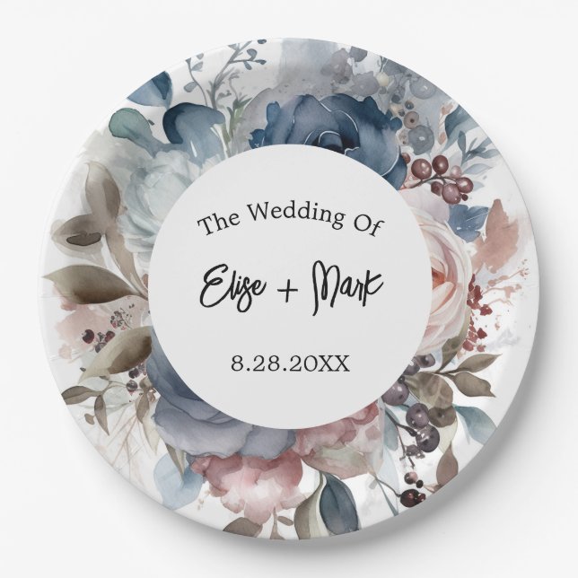Navy Blue Blush Pink Floral Wedding Paper Plate (Front)