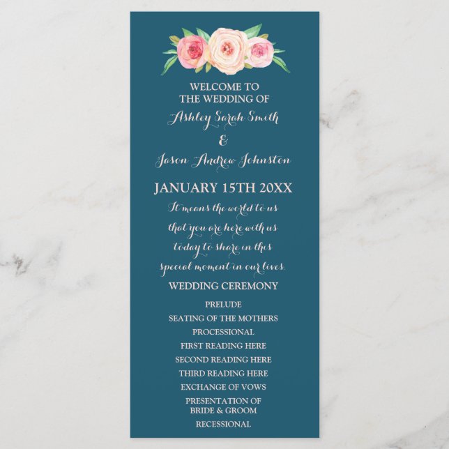 Navy Blue Blush Pink Floral Wedding Program Programme (Front)