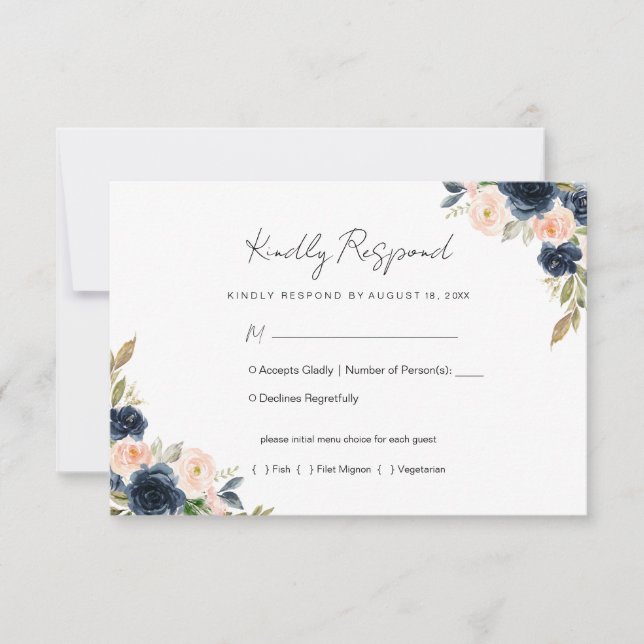 Navy Blue & Blush Pink Floral Wedding RSVP Card (Front)