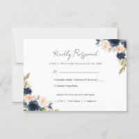 Navy Blue & Blush Pink Floral Wedding RSVP