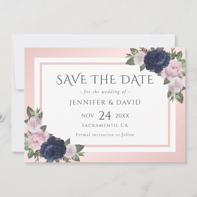 Navy Blue Blush Pink Floral Wedding Save The Date (Front)