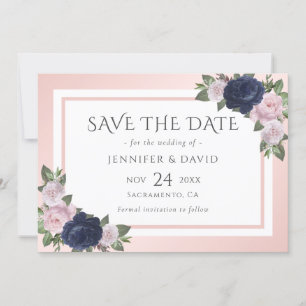Navy Blue Blush Pink Floral Wedding Save The Date