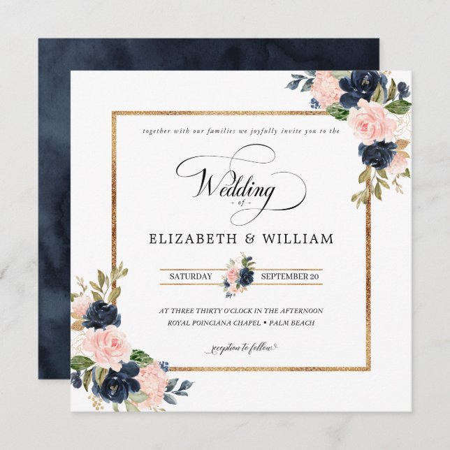 Navy Blue & Blush Pink Floral Wedding Square Invitation (Front/Back)