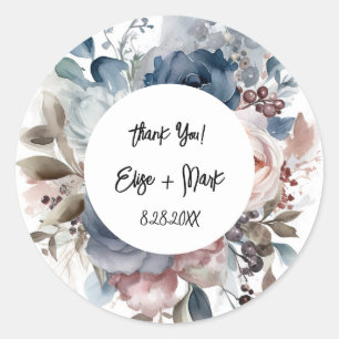 Navy Blue Blush Pink Floral Wedding Thank You Classic Round Sticker