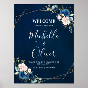 Navy Blue Blush Pink Florals Wedding Welcome Poster