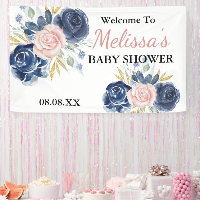 Navy Blue Blush Pink Florals Welcome Backdrop Banner (Creator Uploaded)