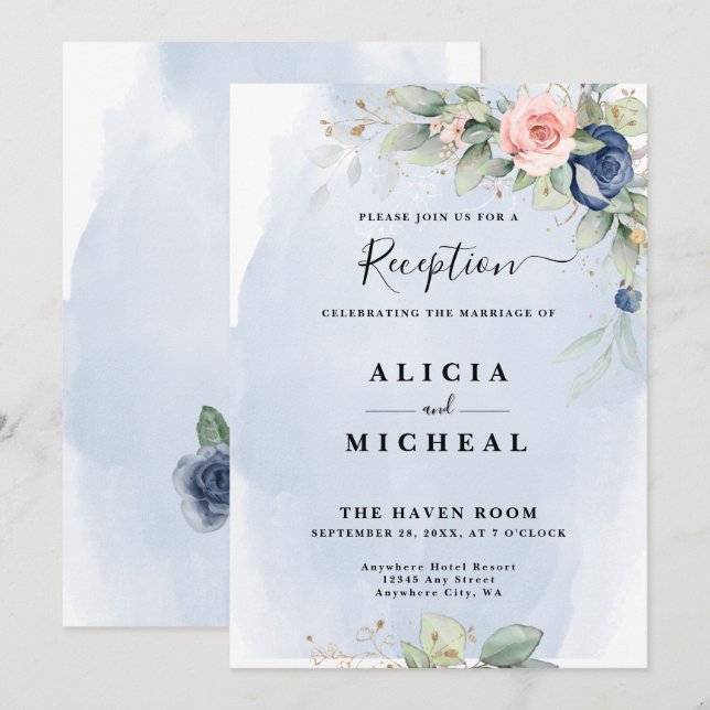 Navy Blue & Blush Pink Flower Wedding Reception Invitation (Front/Back)