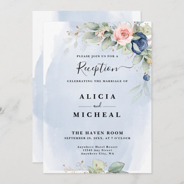 Navy Blue & Blush Pink Flower Wedding Reception Invitation (Front/Back)