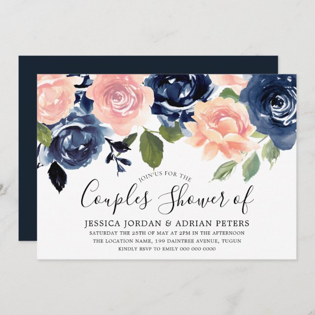 Navy Blue Blush Pink Flowers Couples Shower Invitation (Front/Back)