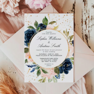 Navy Blue & Blush Pink Flowers Wreath Wedding Invitation