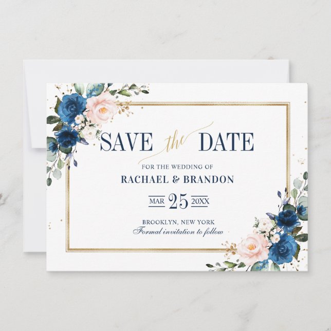 Navy Blue Blush Pink Geometric Save the date card (Front)