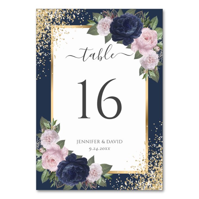 Navy Blue Blush Pink Gold Confetti Floral Wedding Table Number (Back)