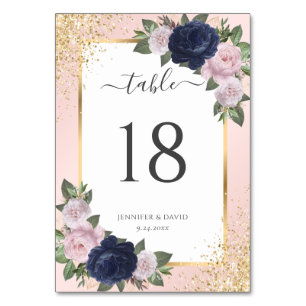 Navy Blue Blush Pink Gold Confetti Floral Wedding Table Number