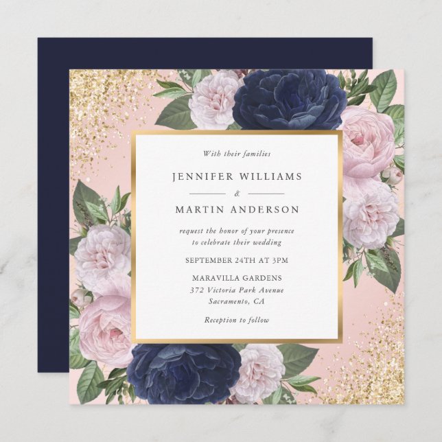 Navy Blue Blush Pink Gold Floral Wedding Invitation (Front/Back)
