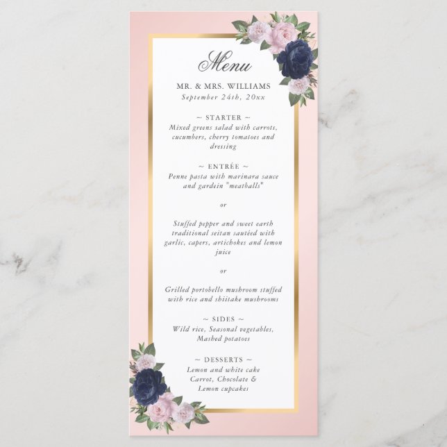 Navy Blue Blush Pink Gold Floral Wedding Menu (Front)