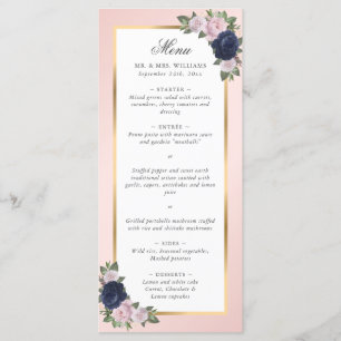 Navy Blue Blush Pink Gold Floral Wedding Menu