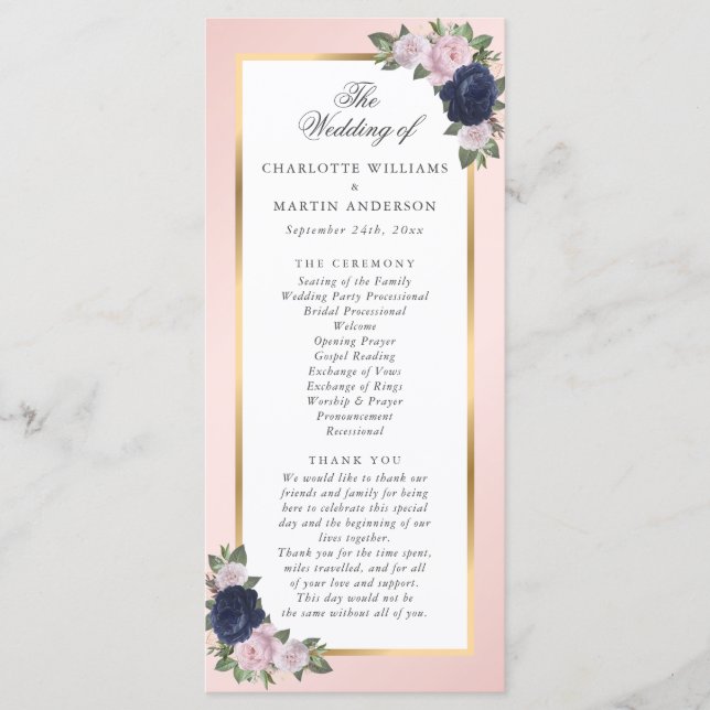 Navy Blue Blush Pink Gold Floral Wedding Programme (Front)