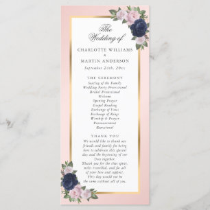Navy Blue Blush Pink Gold Floral Wedding Programme
