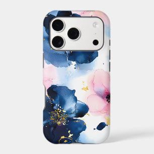 Navy Blue Blush Pink Gold Watercolor Floral