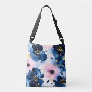 Navy Blue Blush Pink Gold Watercolor Floral Crossbody Bag