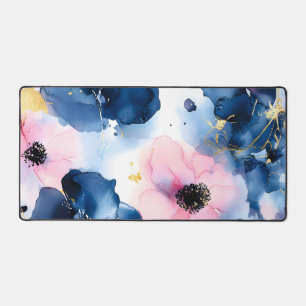 Navy Blue Blush Pink Gold Watercolor Floral Desk Mat