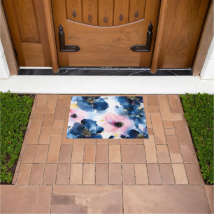 Navy Blue Blush Pink Gold  Watercolor Floral Doormat