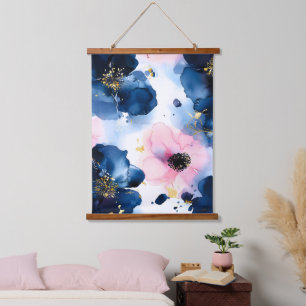 Navy Blue Blush Pink Gold Watercolor Floral Hanging Tapestry