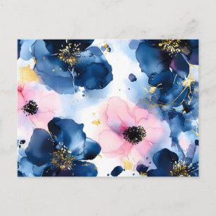 Navy Blue Blush Pink Gold Watercolor Floral Holiday Postcard