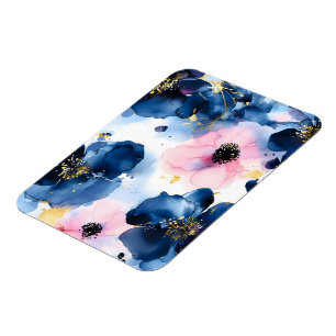 Navy Blue Blush Pink Gold Watercolor Floral Magnet