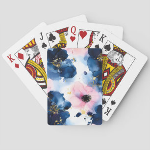 Navy Blue Blush Pink Gold  Watercolor Floral Playing Cards