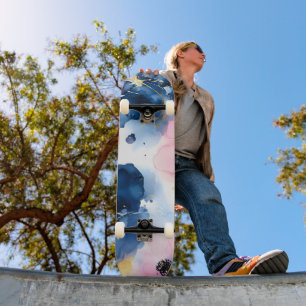 Navy Blue Blush Pink Gold Watercolor Floral Skateboard
