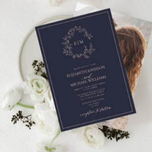 Navy Blue Blush Pink Monogram Photo Wedding Invitation