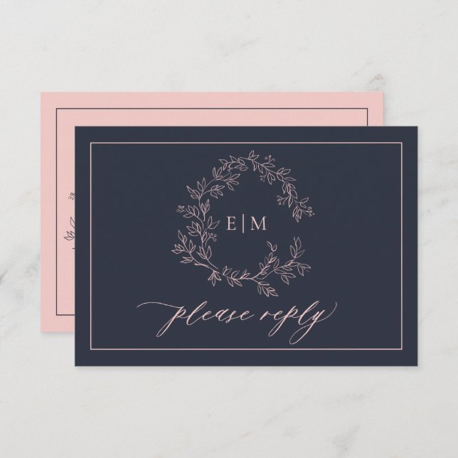 Navy Blue Blush Pink Monogram Wedding RSVP Card (Front/Back)