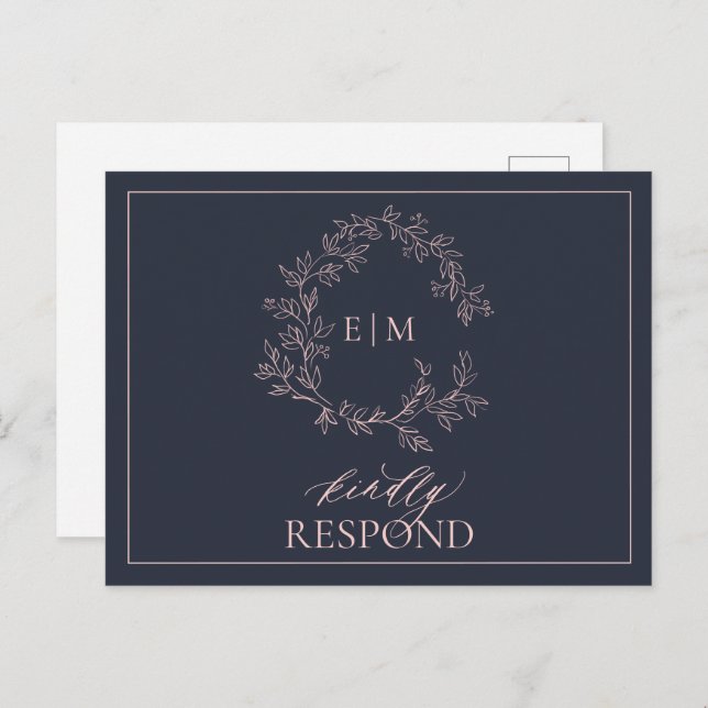 Navy Blue Blush Pink Monogram Wedding RSVP Invitation Postcard (Front/Back)