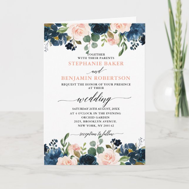 Navy Blue Blush Pink Rose Boho All in one Wedding Invitation (Front)